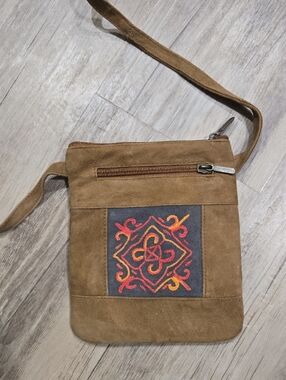 Brown Suede Crossbody Bag with Red & Orange Embroidered Accent